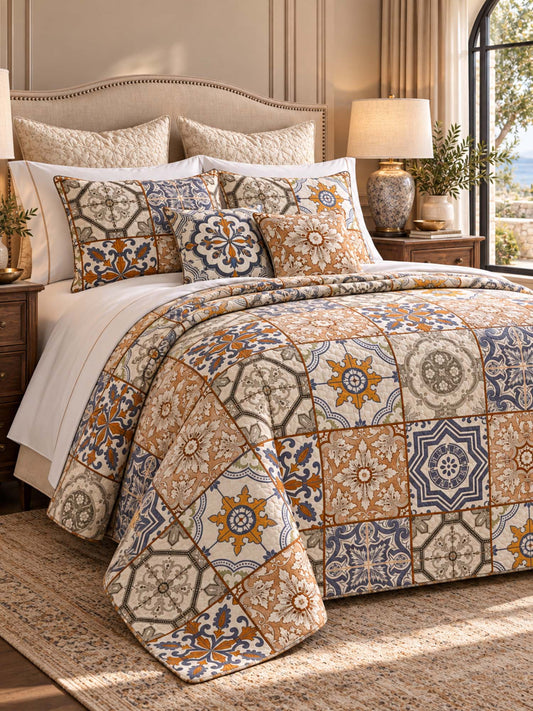 Mediterranean Tile Patchwork Quilted 3-Piece Bedding Set