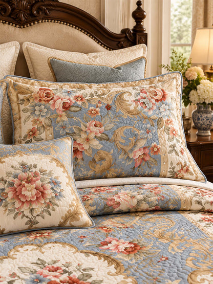 Vintage Blue Floral Baroque Quilted 3-Piece Bedding Set