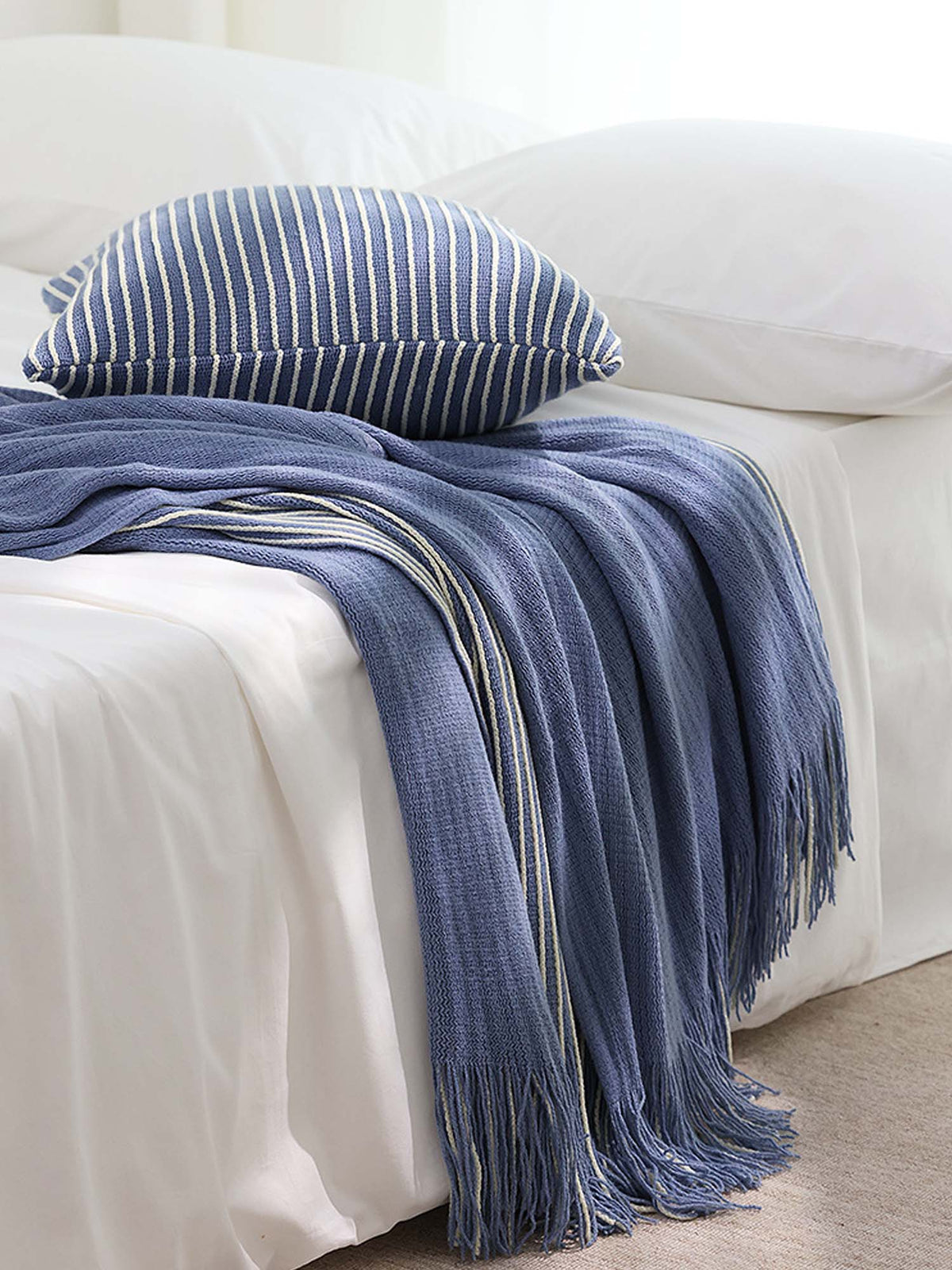 Classic Stripe Knitted Throw Blanket & Pillow Cover Set