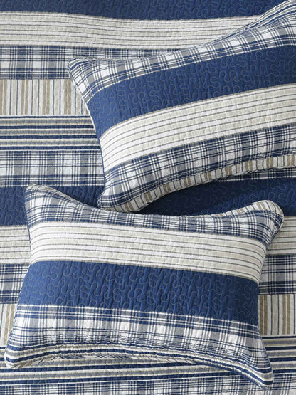 Blue Grey Buffalo Check Patchwork Quilted 3‑Piece Bedding Set