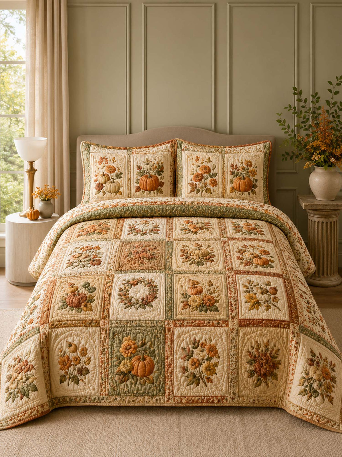 H.PAI Pumpkin Harvest Quilted 3-Piece Bedding Set