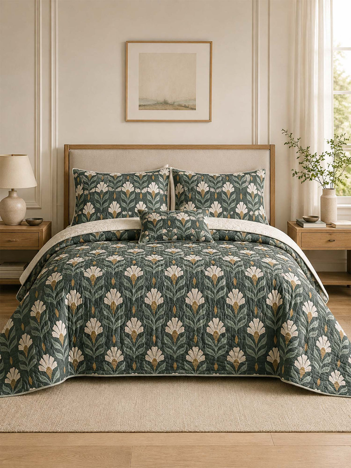 H.PAI Forest Ivory Floral Quilted 3-Piece Bedding Set