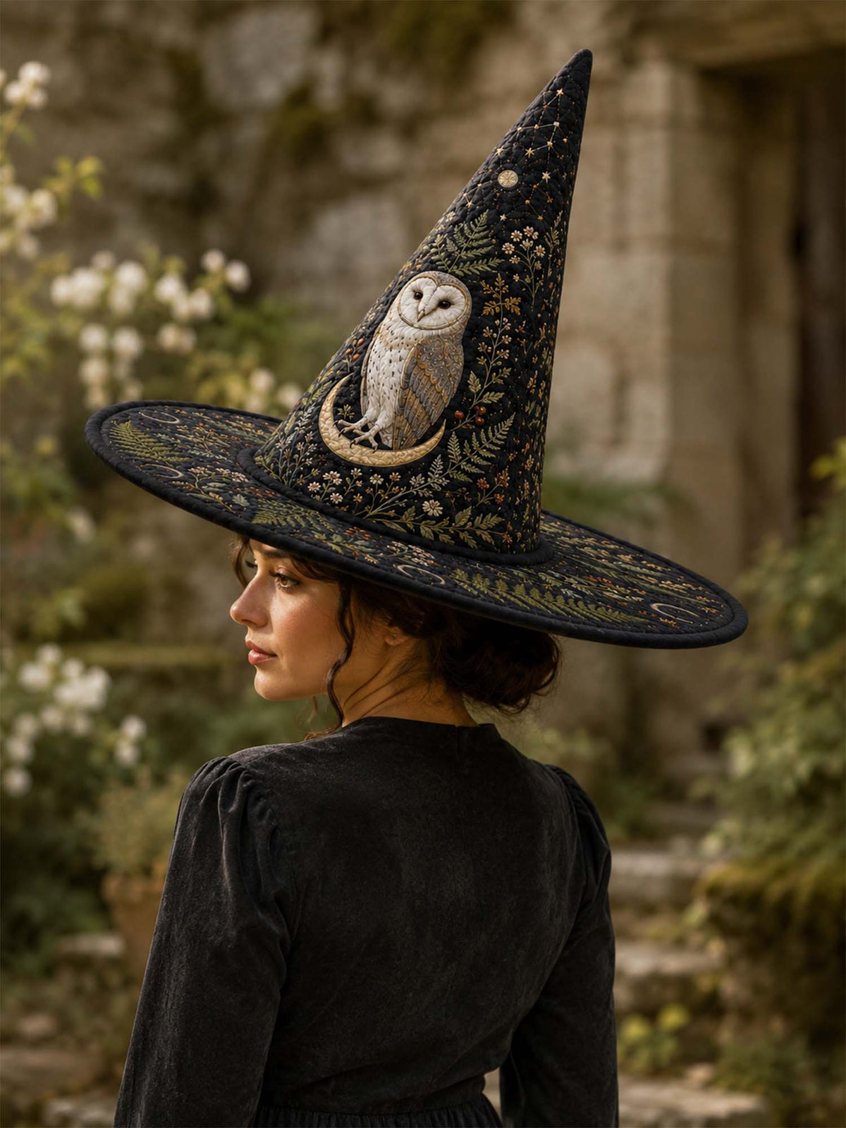 H.PAI Moonlit Owl Dark Forest Gothic Handcrafted Quilted Witch Hat