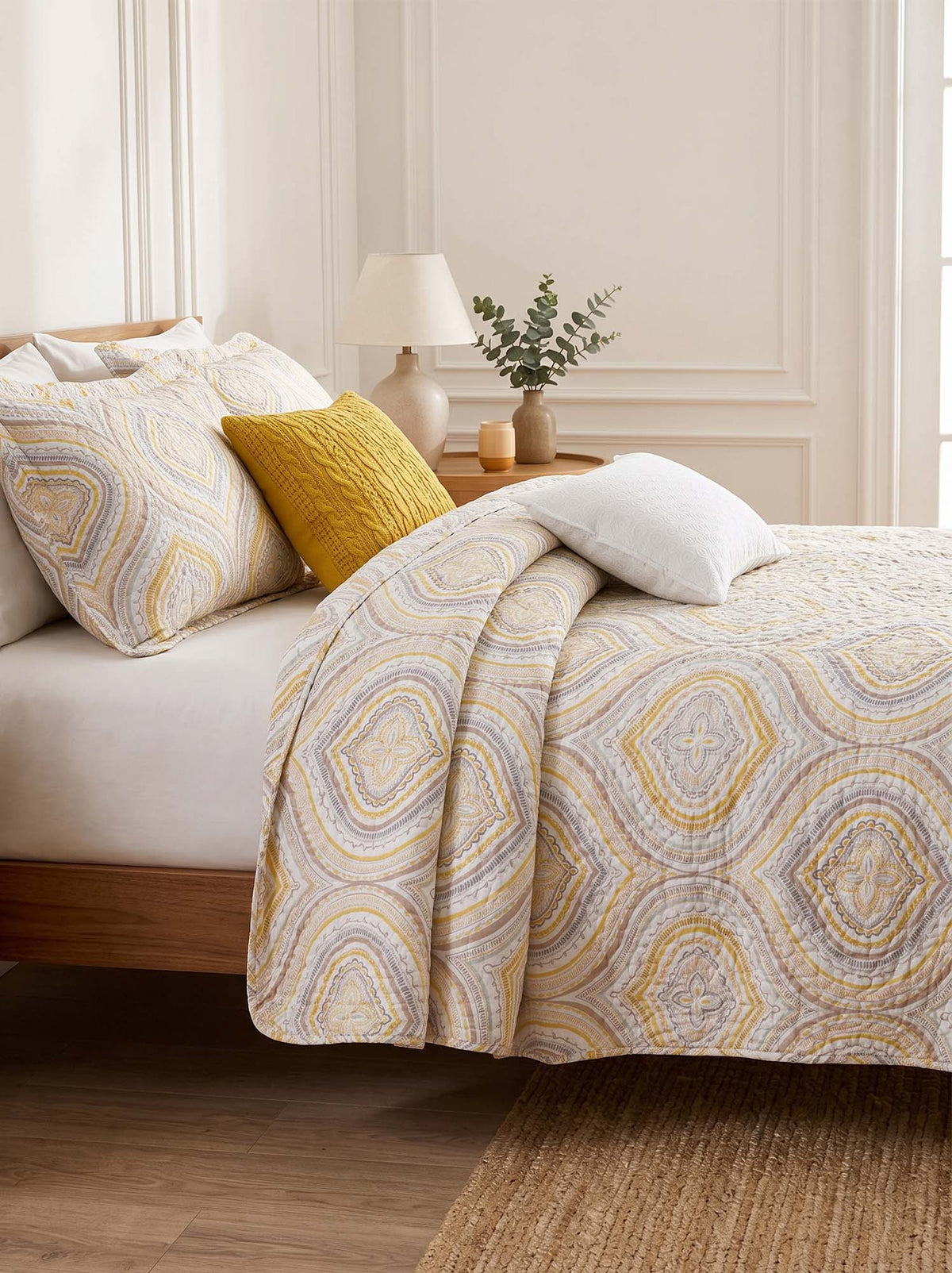 Yellow Grey Geometric Ogee Pattern Quilted 3‑Piece Bedding Set