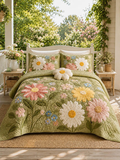 H.PAI Daisy Floral Quilted 3-Piece Bedding Set