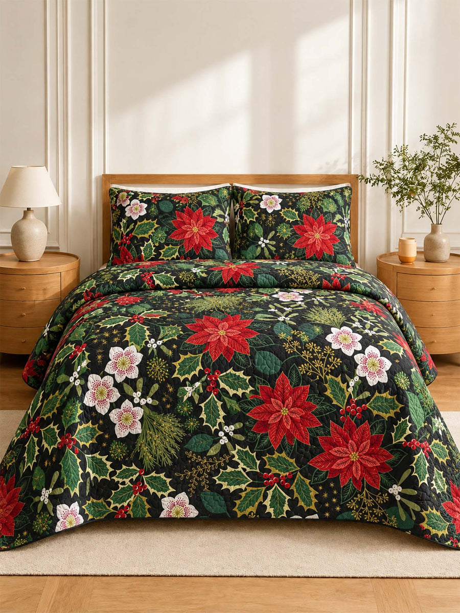 Poinsettia Holly Christmas Quilted 3-Piece Bedding Set