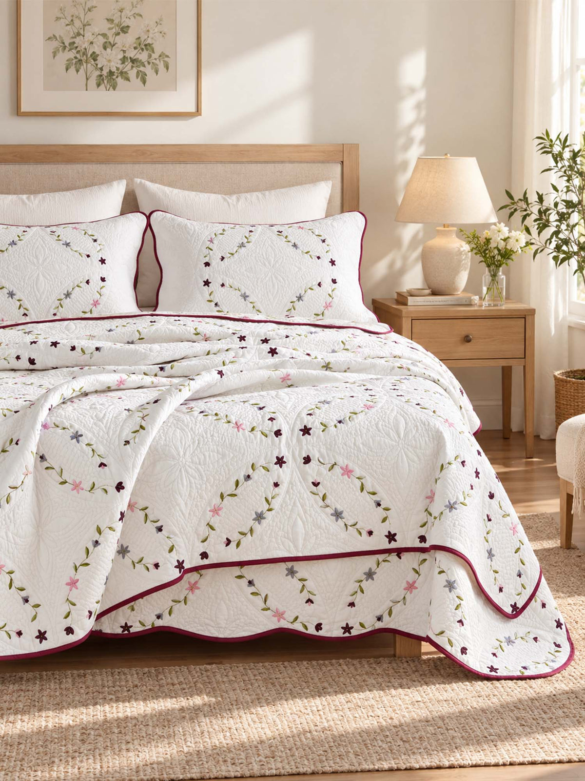 Meadow Vine Floral Quilted 3-Piece Bedding Set