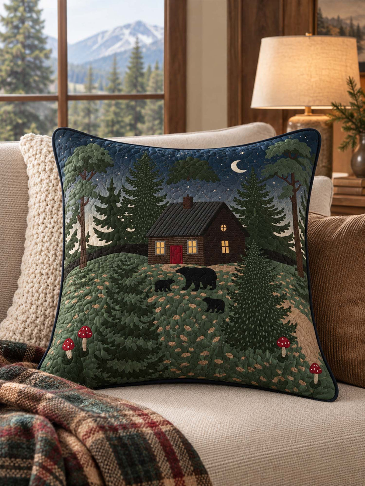 Moonlit Bear Cabin Forest Quilted Pillow Cover