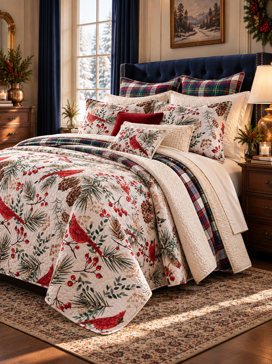 Winter Cardinal Christmas Quilted 3-Piece Bedding Set