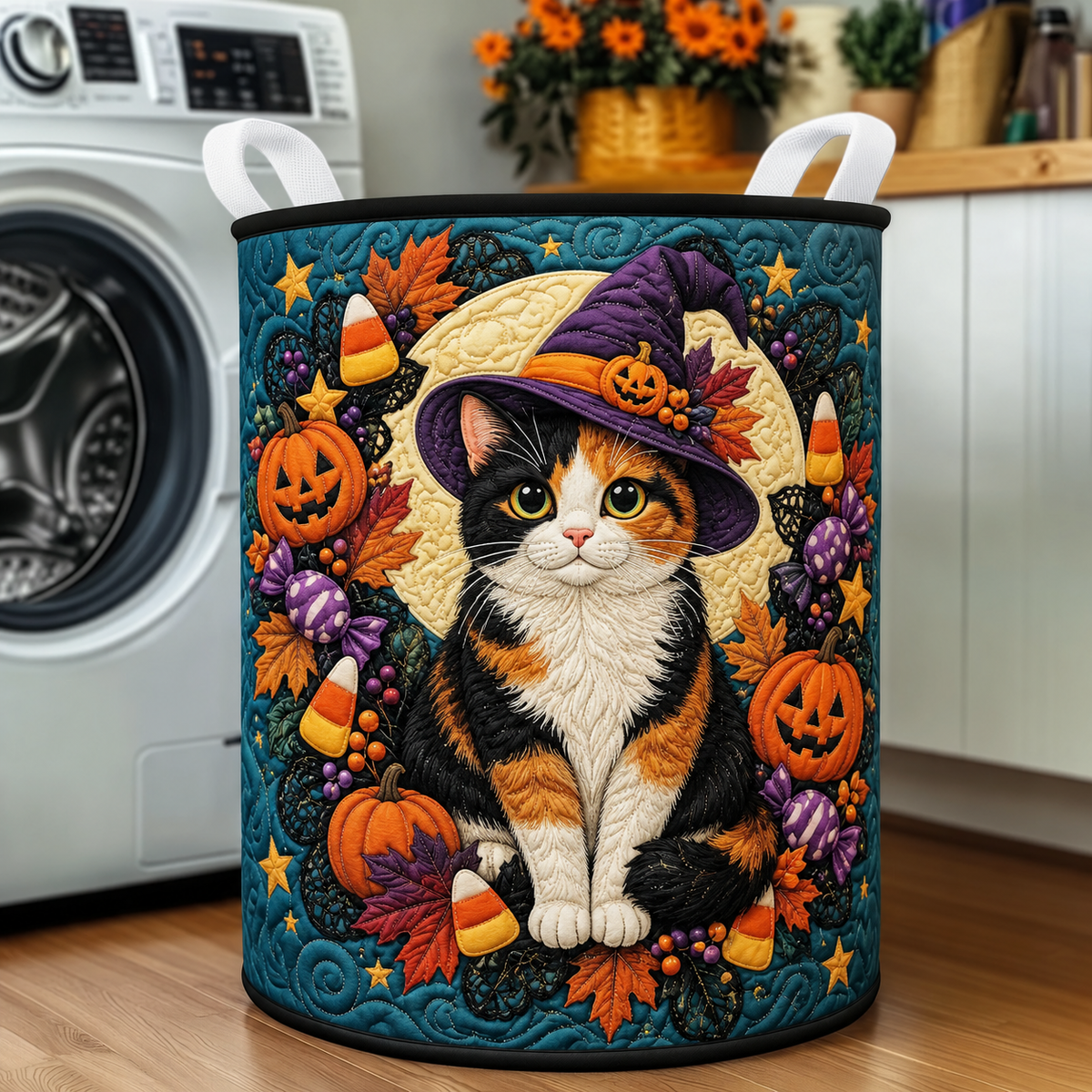Gevoerde wasmand – Driekleurige heksenkat voor Halloween
