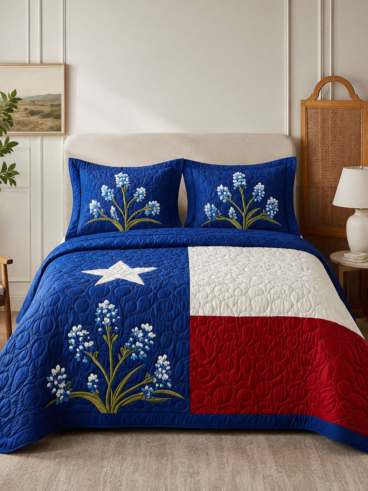 H.PAI Texas Bluebonnet Floral Quilted 3-Piece Bedding Set