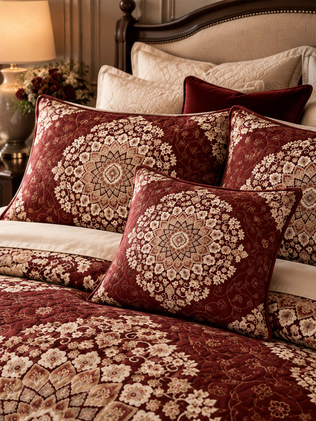 Vintage Burgundy Floral Medallion Quilted 3-Piece Bedding Set