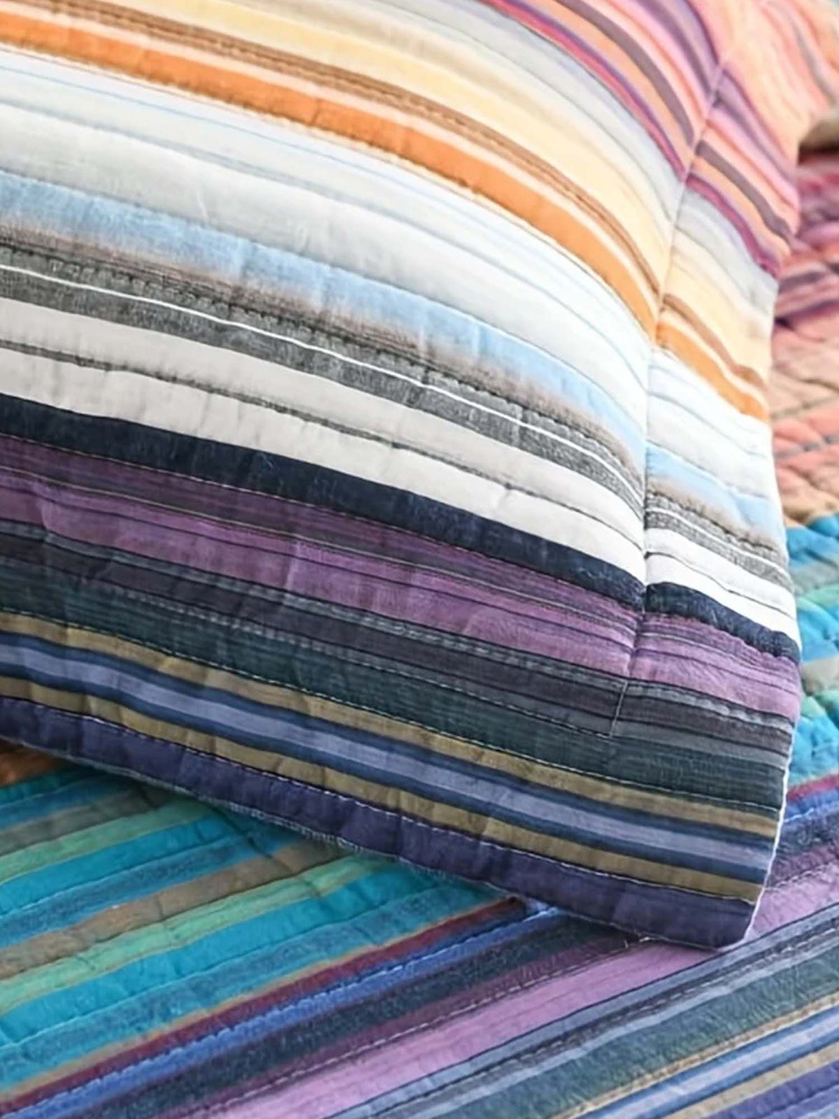 Retro Boho Multicolor Striped 100% Cotton Quilted 3-Piece Bedding Set