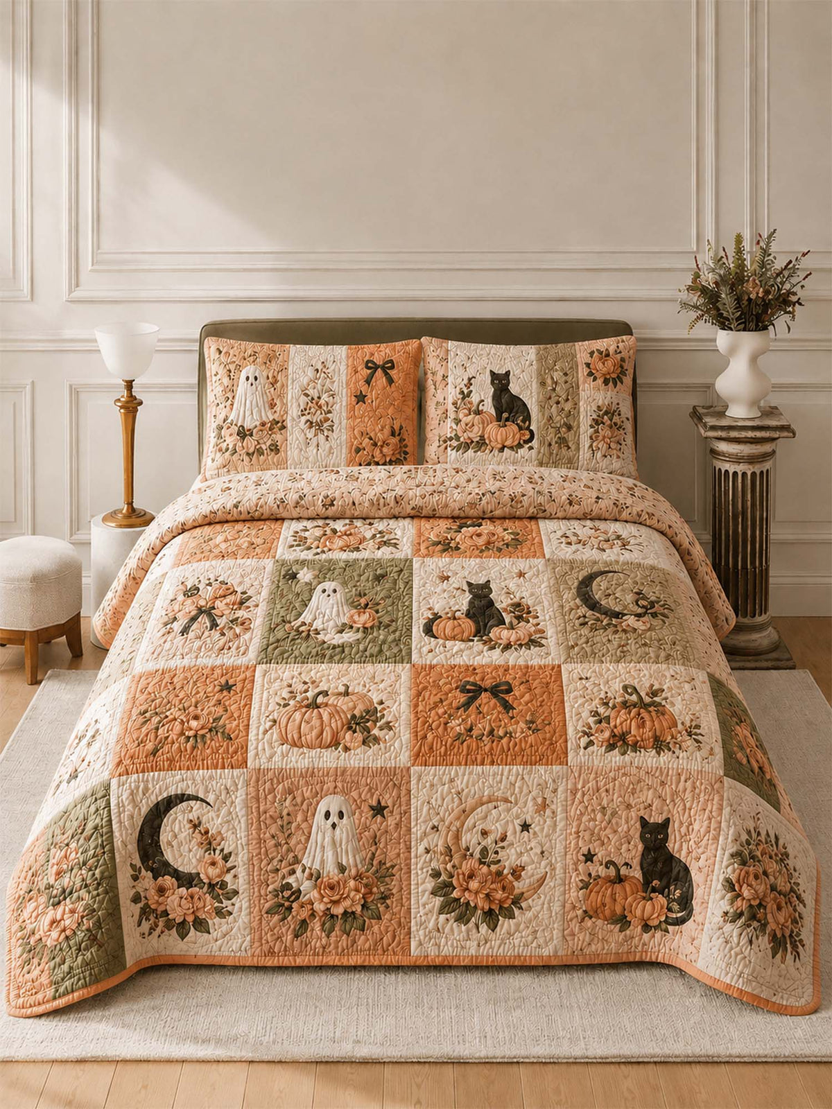 H.PAI Pumpkin Cat Ghost Garden Quilted 3-Piece Bedding Set
