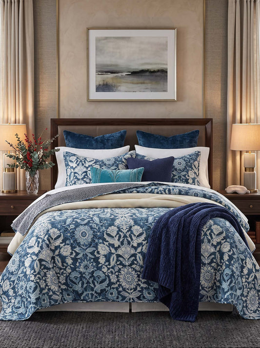 Indigo Botanical Tapestry Reversible 100% Cotton Quilted Bedding Set