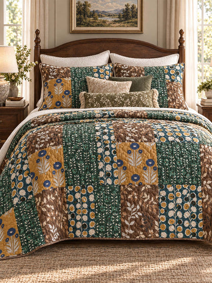 Botanical Floral Patchwork Quilted 3-Piece Bedding Set