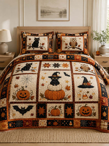H.PAI Black Cat Halloween Pumpkin Quilted 3-Piece Bedding Set
