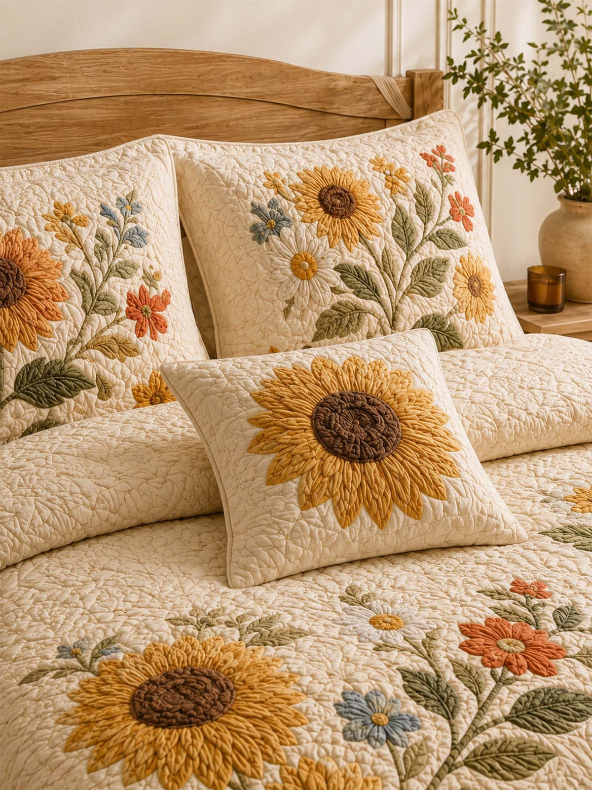 H.PAI Farmhouse Sunflower Floral Quilted Bedding Set