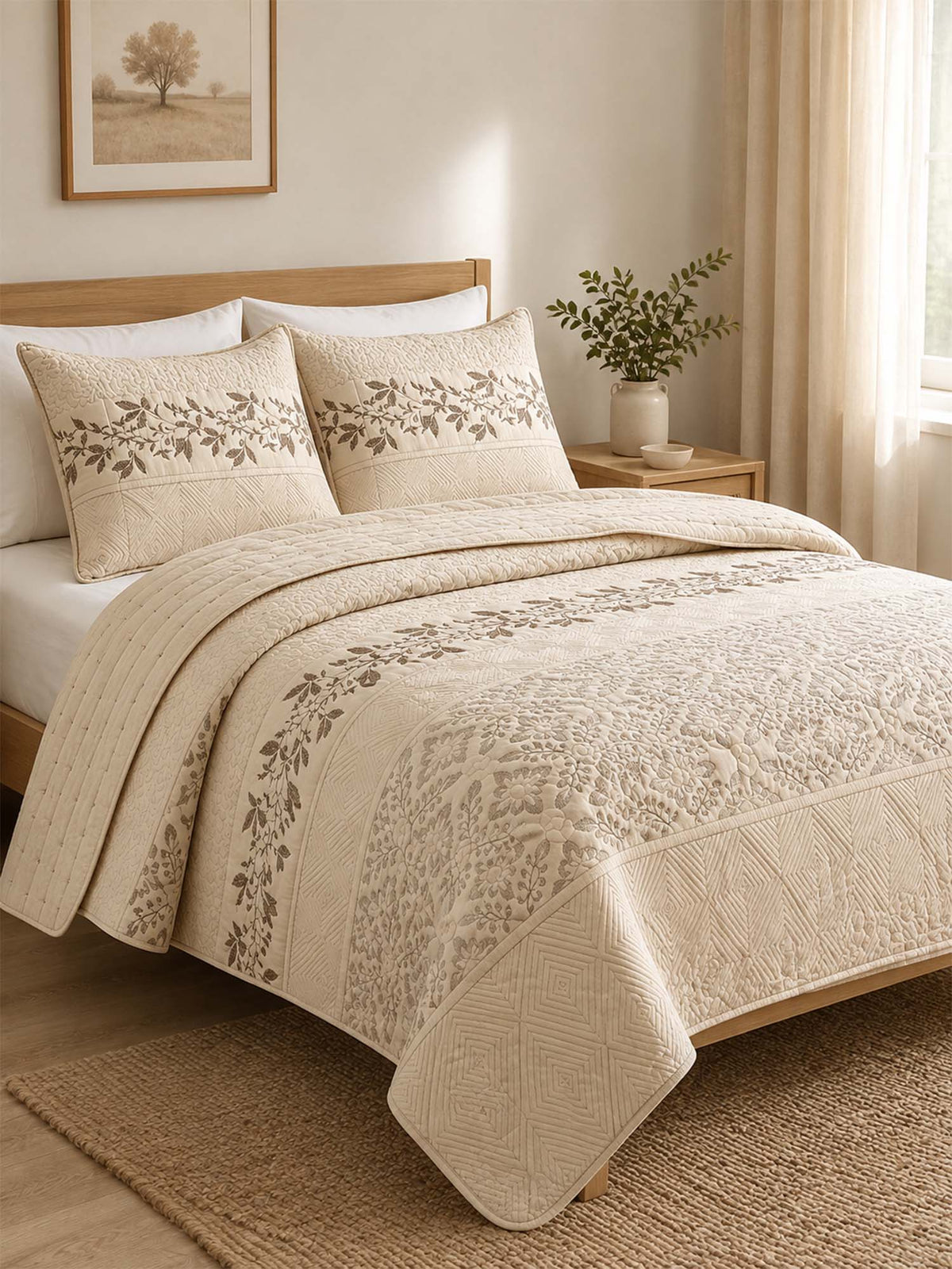 Vintage Botanical Quilted 3‑Piece Bedding Set