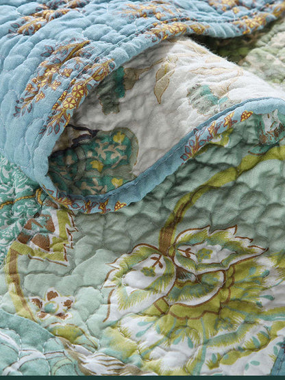 Sage Botanical Patchwork Quilted 3-Piece Cotton Bedding Set