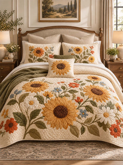 H.PAI Farmhouse Sunflower Floral Quilted Bedding Set