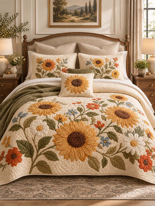 H.PAI Farmhouse Sunflower Floral Quilted Bedding Set