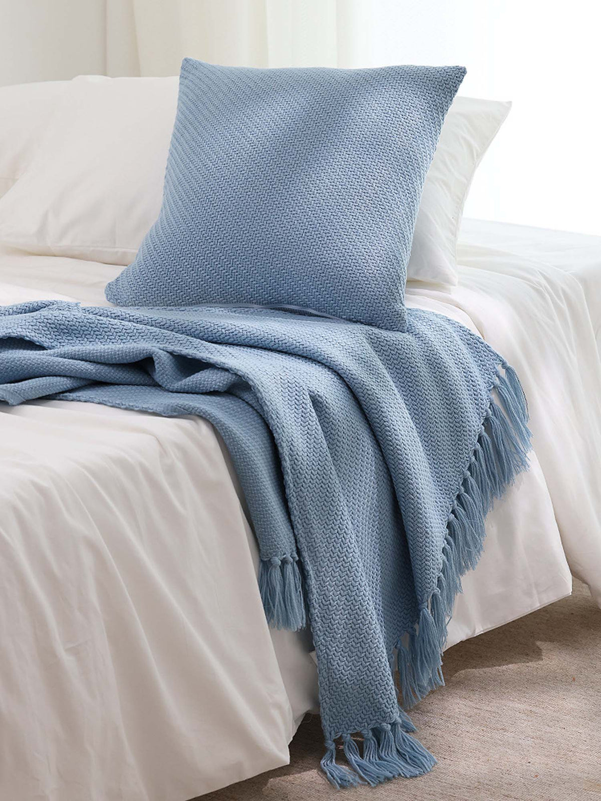 Textured Fringe Knitted Throw Blanket & Pillow Cover Set