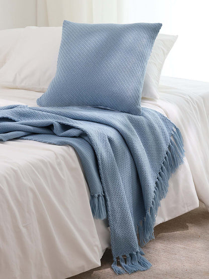 Textured Fringe Knitted Throw Blanket & Pillow Cover Set