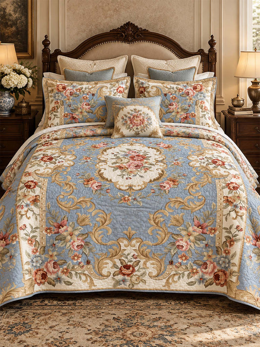 Vintage Blue Floral Baroque Quilted 3-Piece Bedding Set