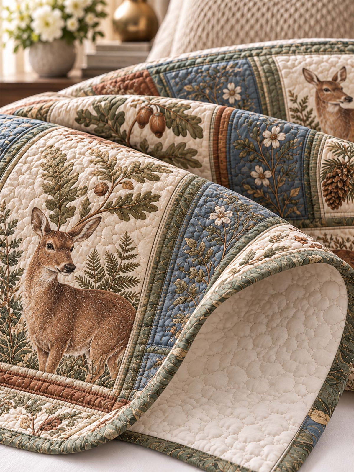 Woodland Deer Botanical Quilted 3-Piece Bedding Set