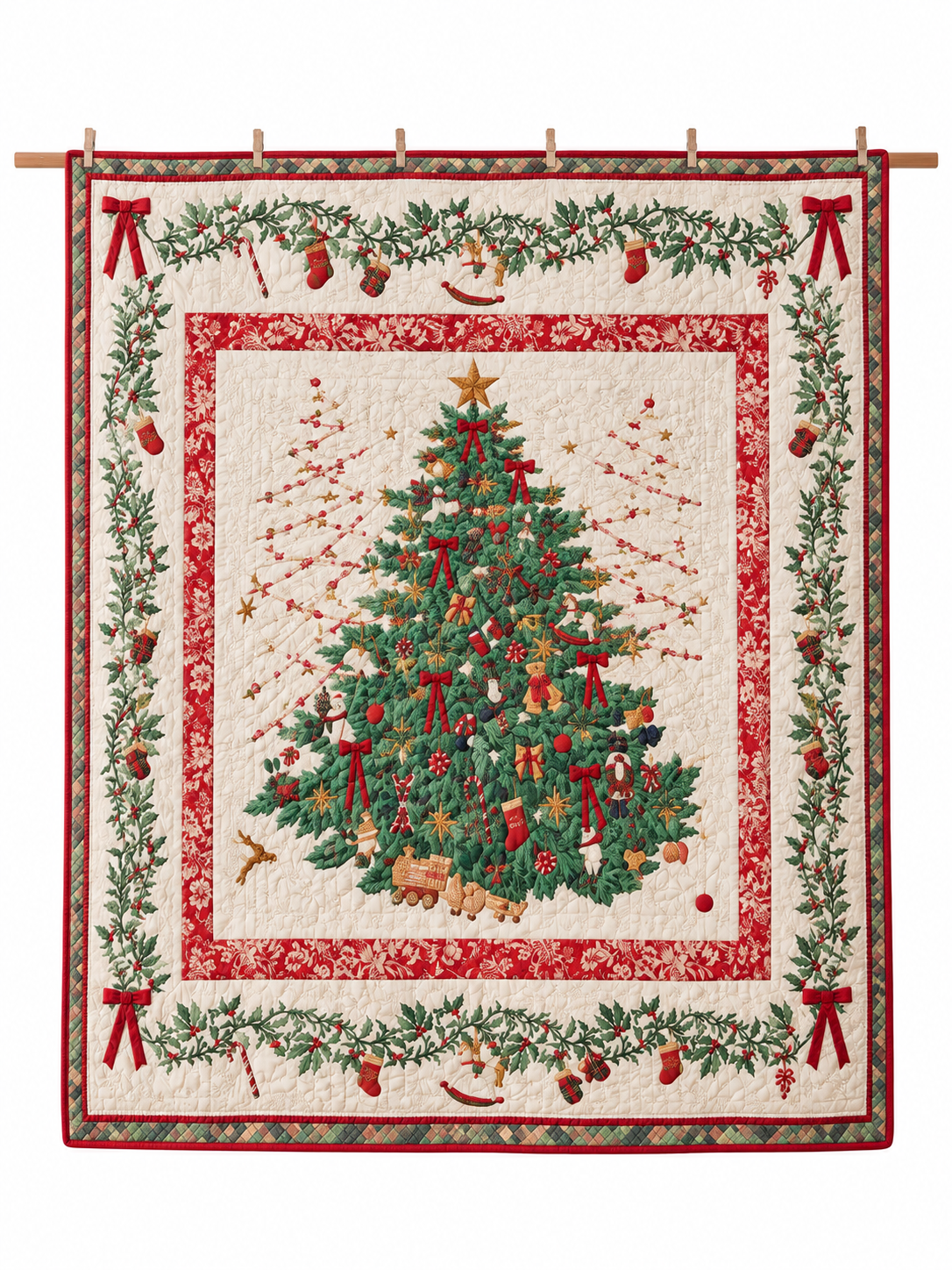 Vintage Christmas Tree and Holly Quilted 3-Piece Bedding Set