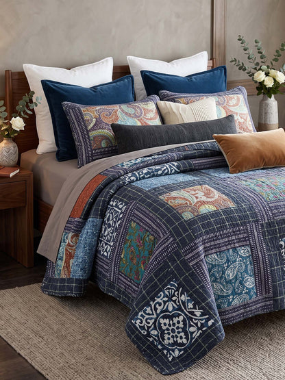 Navy Paisley Pieced Patchwork Reversible 100% Cotton Quilted 3-Piece Bedding Set