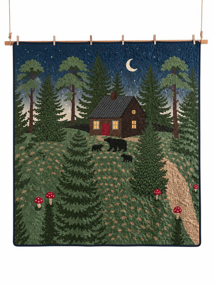 Moonlit Bear Cabin Forest Quilted Blanket