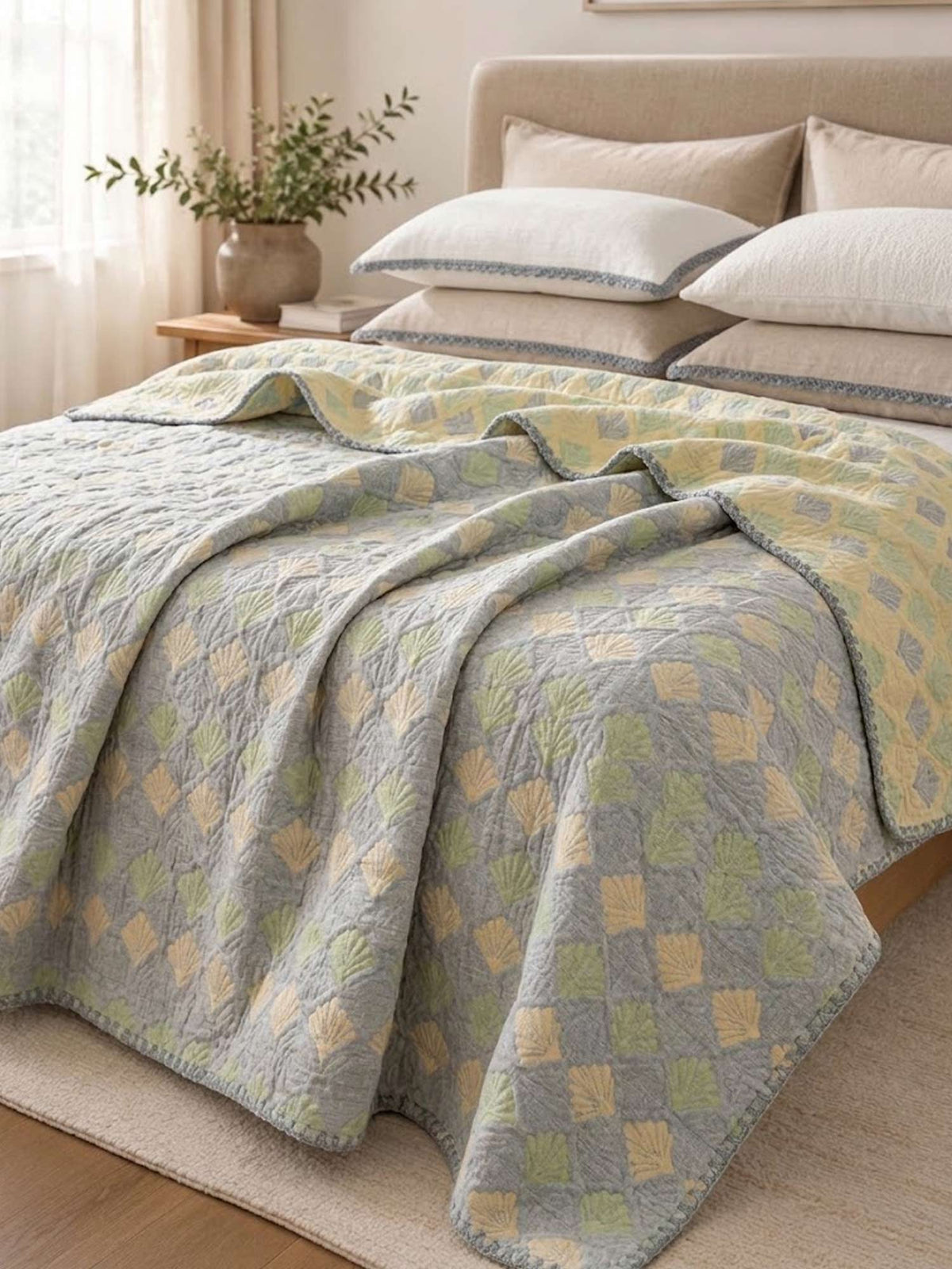 Vintage Green Yellow Geometric Patchwork Jacquard Quilted Throw Three‑Layer Gauze Cotton Blanket