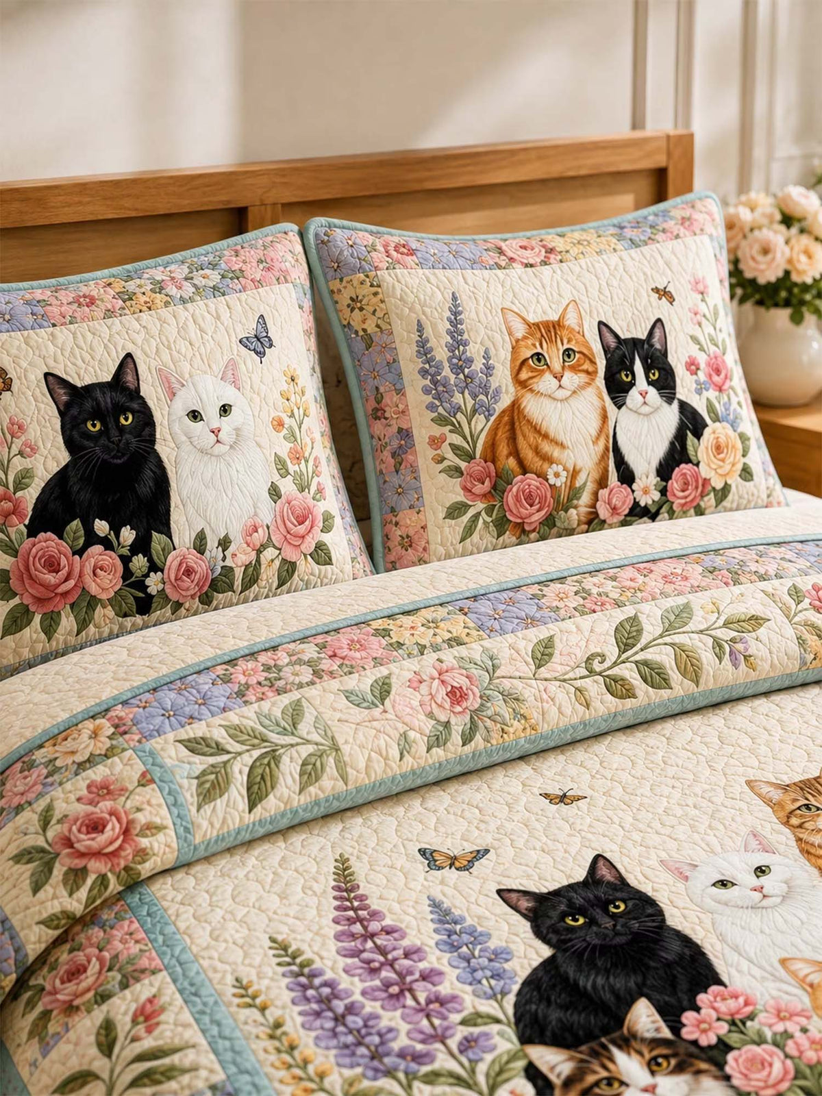 H.PAI Garden Cat Gathering 3-Piece Quilted Bedding Set