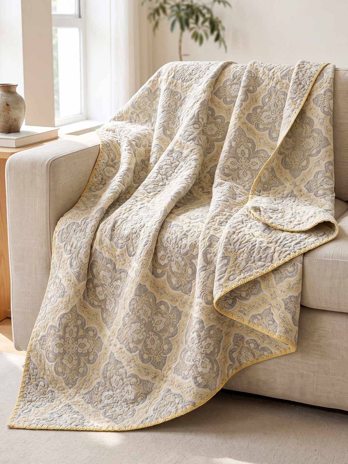 Vintage Yellow Floral Jacquard Quilted Throw Three‑Layer Gauze Cotton Blanket