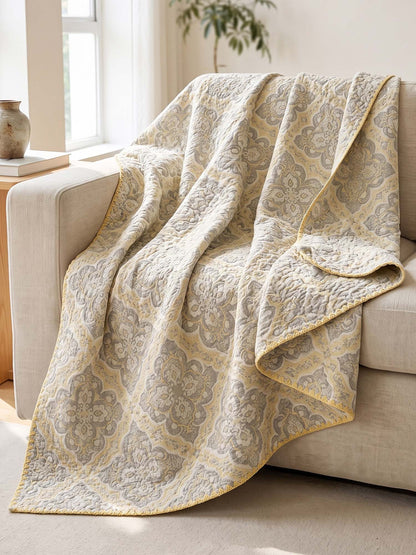 Vintage Yellow Floral Jacquard Quilted Throw Three‑Layer Gauze Cotton Blanket