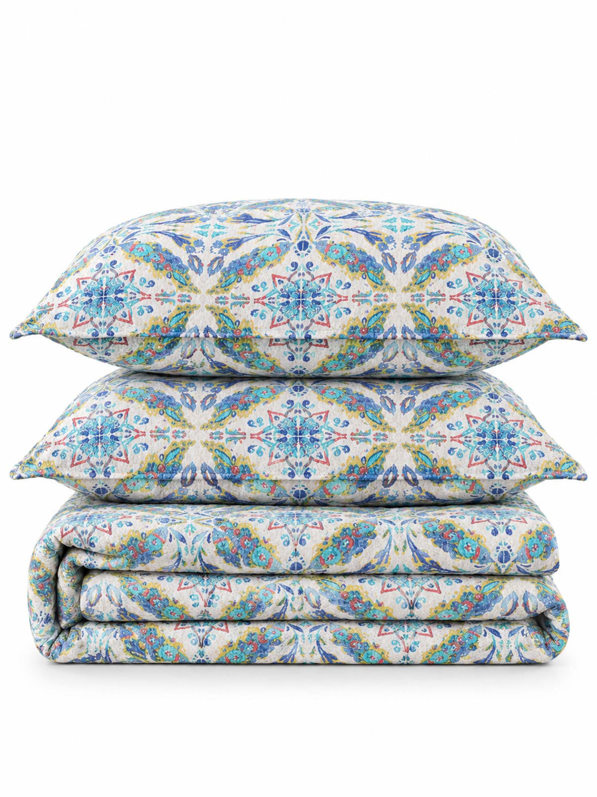 Pastel Blue Botanical Medallion Reversible 100% Cotton Quilted Bedding Set