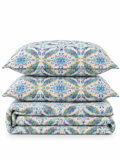 Pastel Blue Botanical Medallion Reversible 100% Cotton Quilted Bedding Set