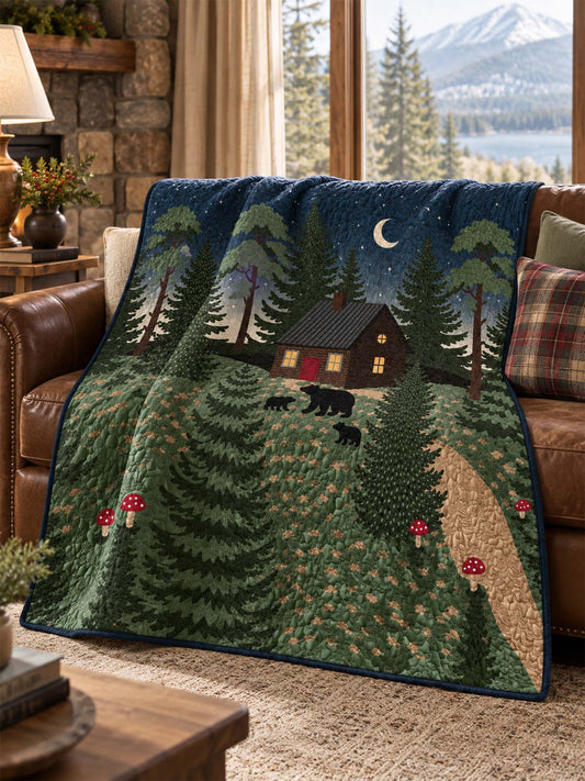 Moonlit Bear Cabin Forest Quilted Blanket