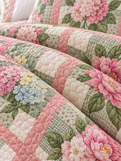 Pink Rose & Hydrangea Garden Quilted 3-Piece Bedding Set