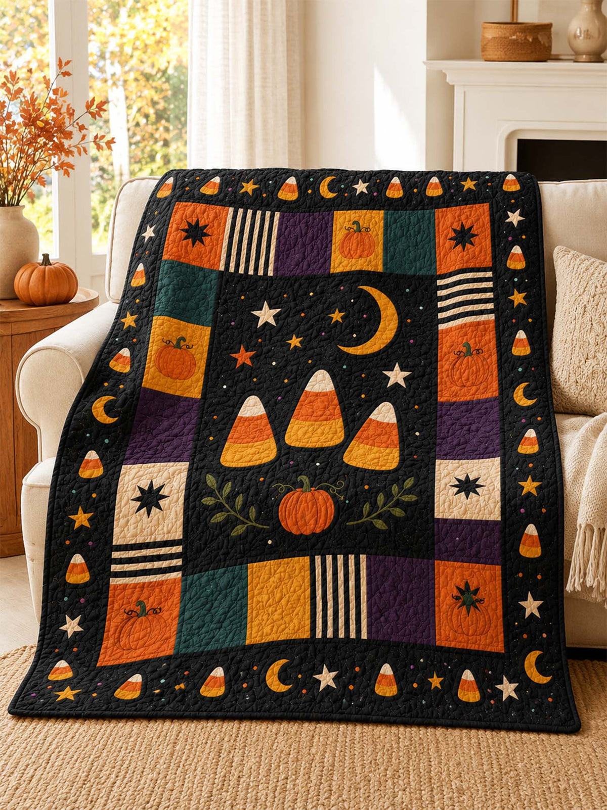 Candy Corn Pumpkin Patchwork Quilted Blanket