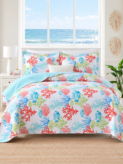 Coastal Coral & Seashell Reversible 100% Cotton Quilted 3-Piece Bedding Set