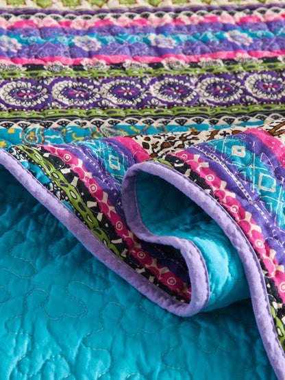 Turquoise Boho Stripe Quilted 3-Piece Bedding Set