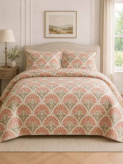 H.PAI Coral Botanical Bloom Quilted 3-Piece Bedding Set