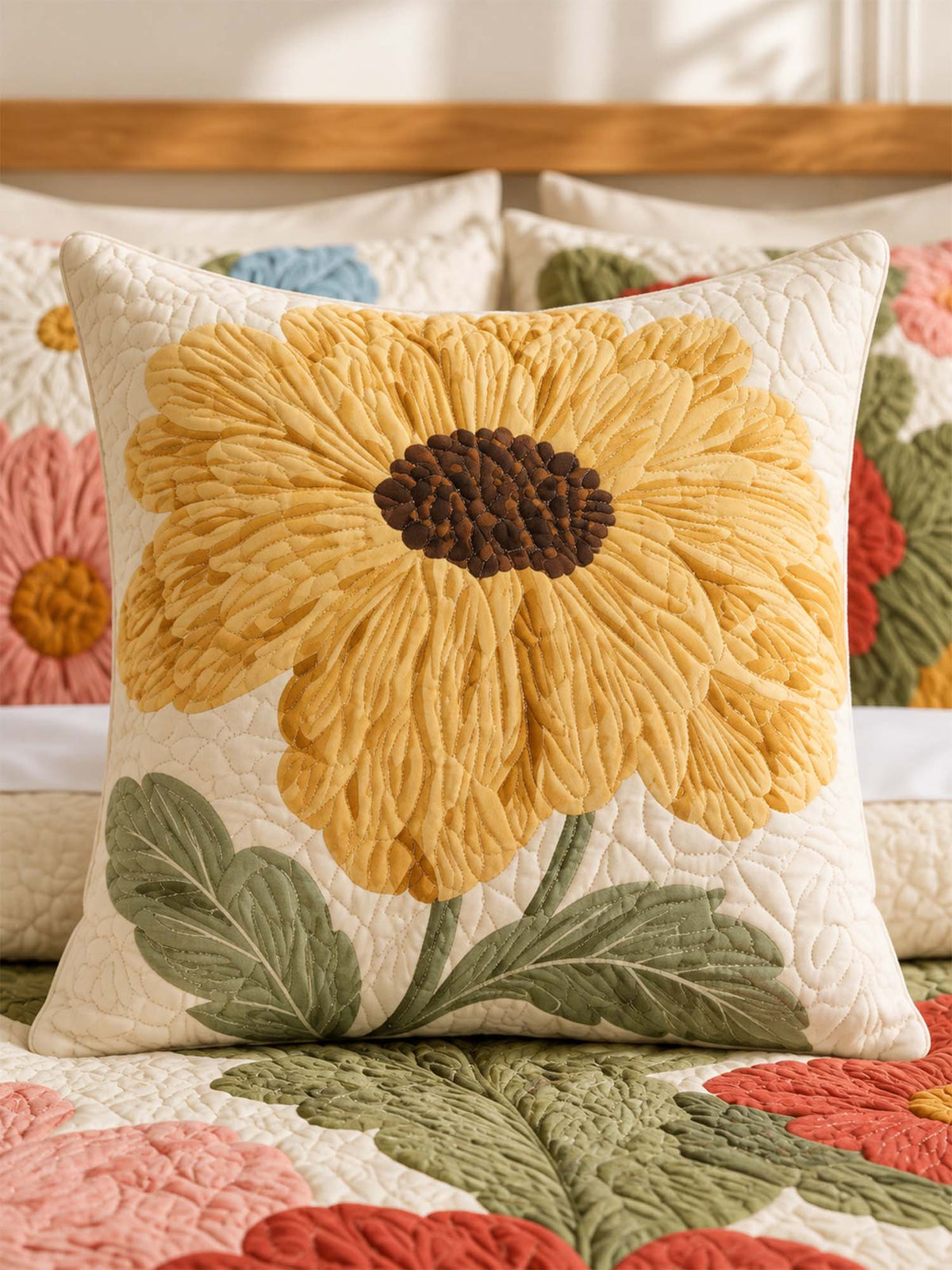 Golden Sunflower Cottage Quilted Pillow Cover