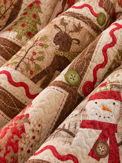 Rustic Reindeer Snowman Christmas Quilted 3-Piece Bedding Set