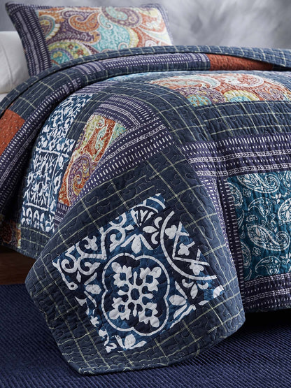 Navy Paisley Pieced Patchwork Reversible 100% Cotton Quilted 3-Piece Bedding Set