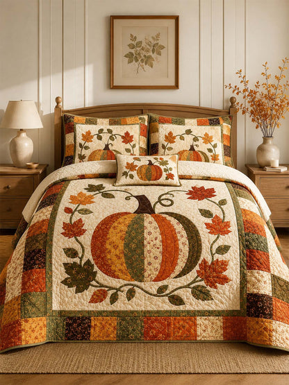 H.PAI Patchwork Pumpkin Autumn Harvest Quilted 3-Piece Bedding Set