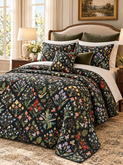 Midnight Butterfly Wildflower Garden Quilted 3-Piece Bedding Set